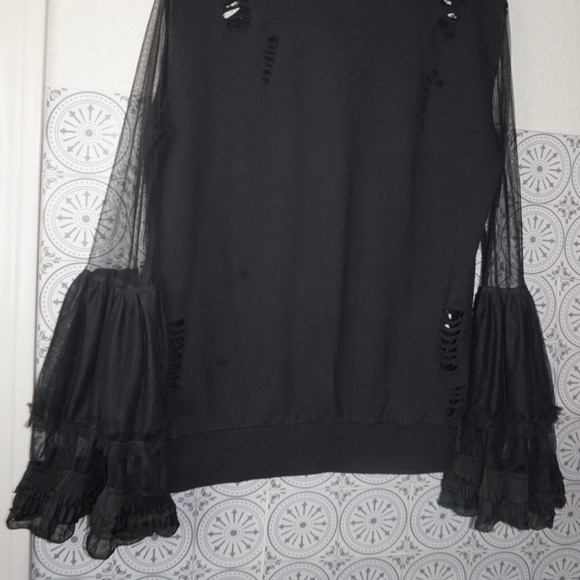 Seek The Label, Distressed Sweatshirt with Sheer Bell Sleeves - Picture 3 of 7